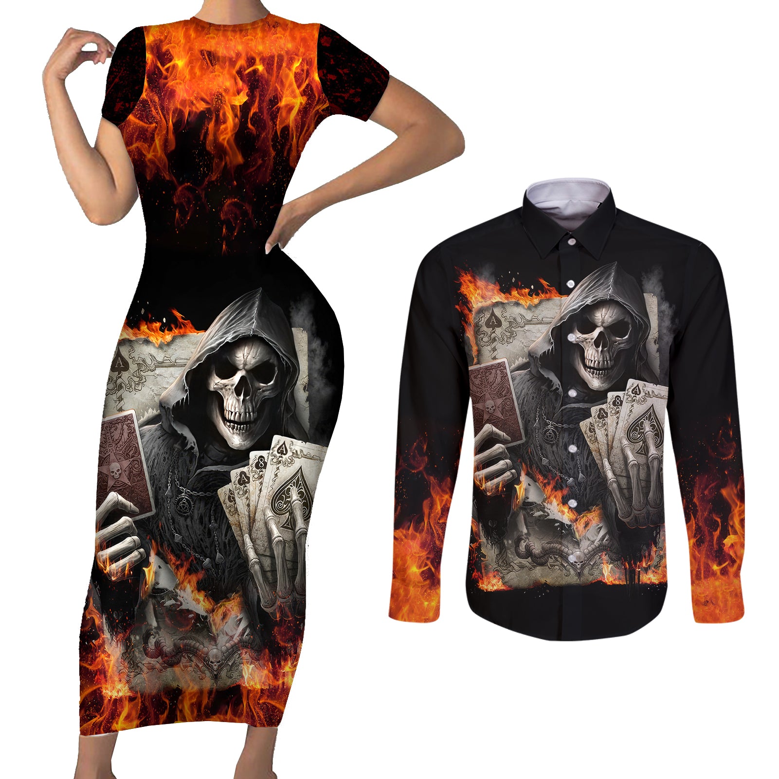 skull-couples-matching-short-sleeve-bodycon-dress-and-long-sleeve-button-shirts-gambling-death-fire