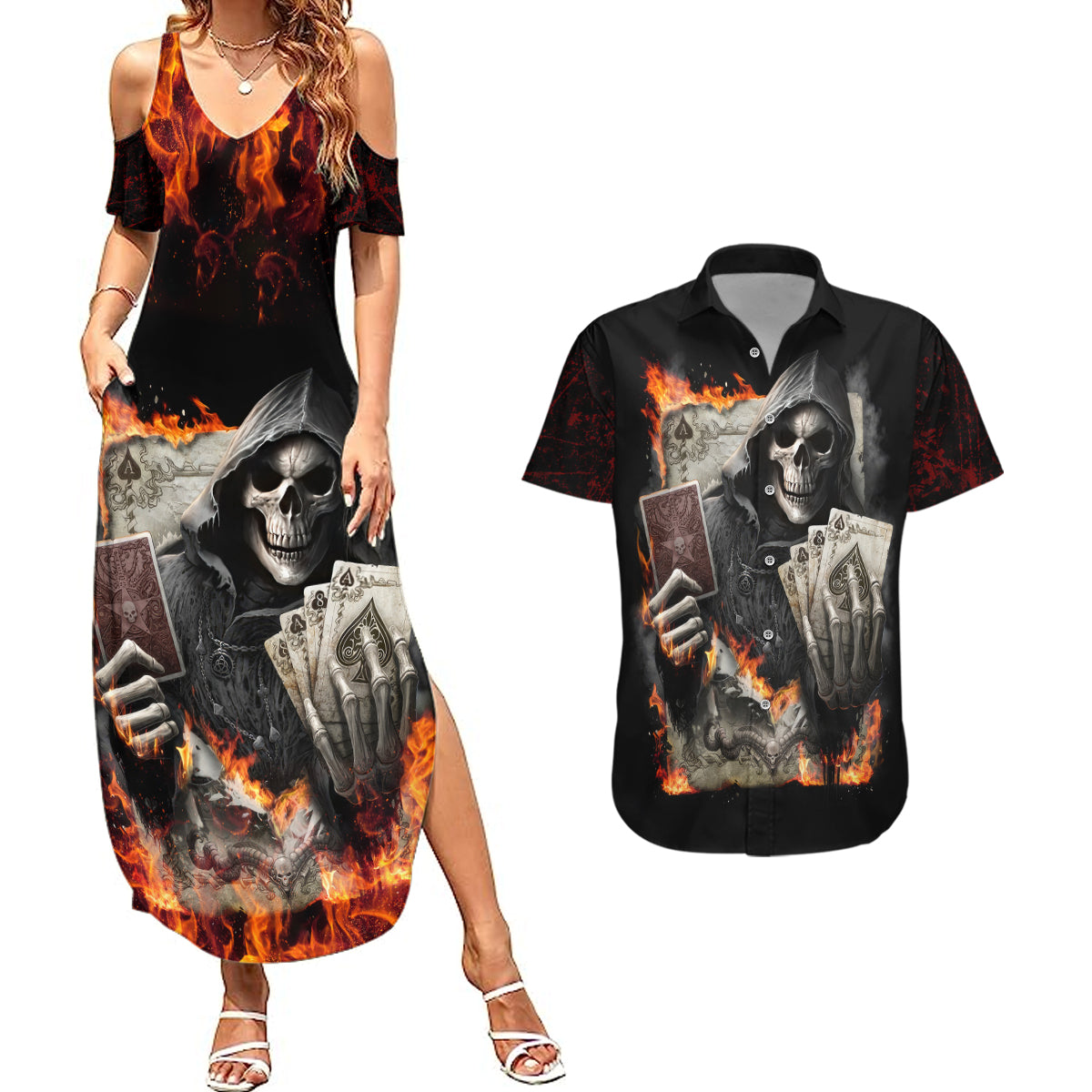 skull-couples-matching-summer-maxi-dress-and-hawaiian-shirt-gambling-death-fire