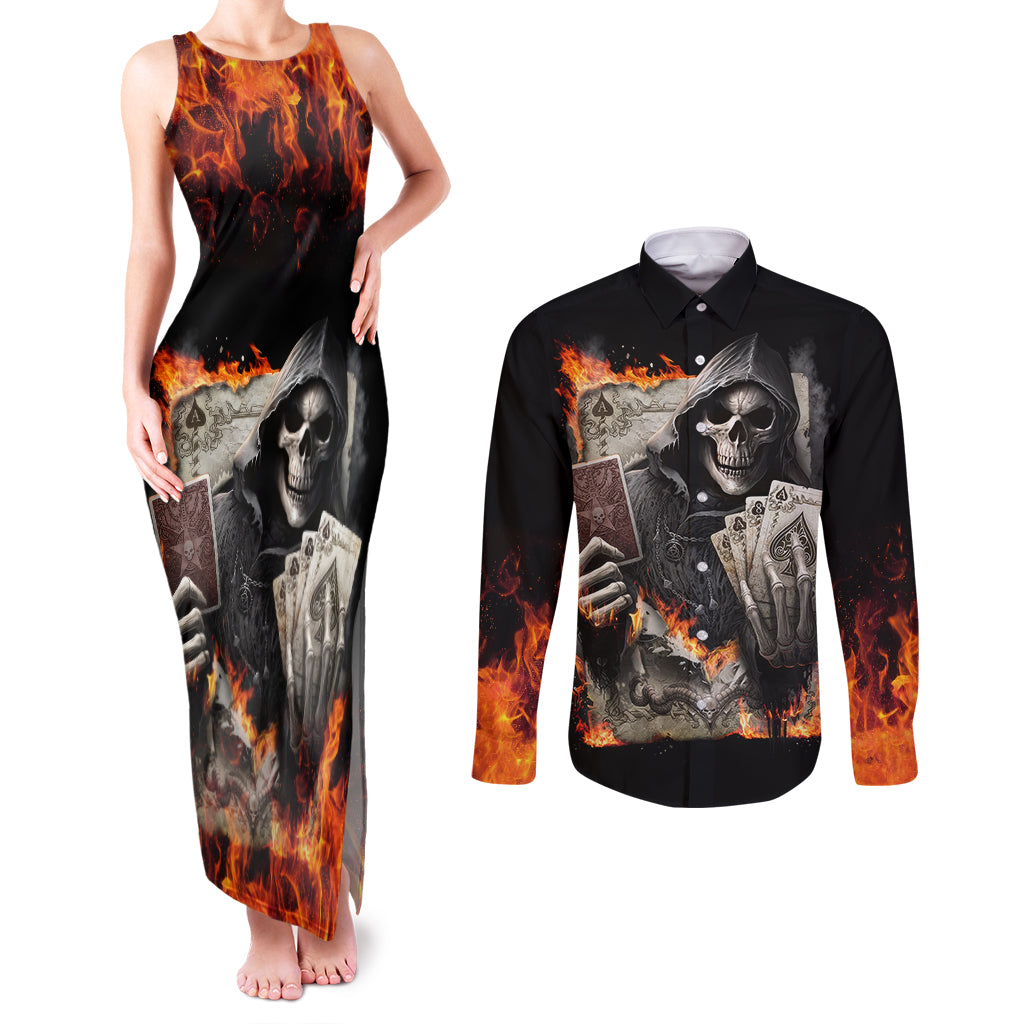 skull-couples-matching-tank-maxi-dress-and-long-sleeve-button-shirts-gambling-death-fire
