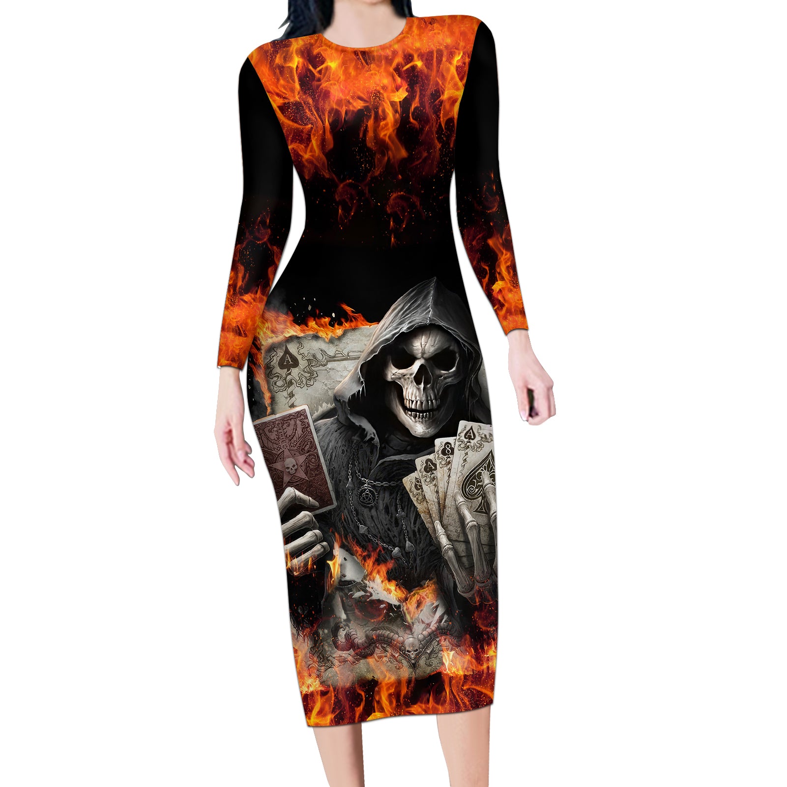 skull-long-sleeve-bodycon-dress-gambling-death-fire