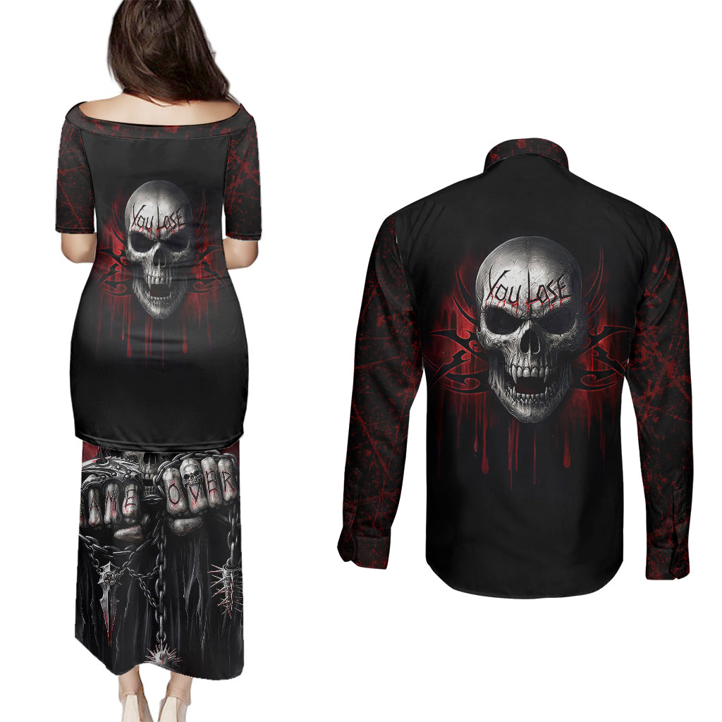 skull-couples-matching-puletasi-dress-and-long-sleeve-button-shirts-death-skull-game-over