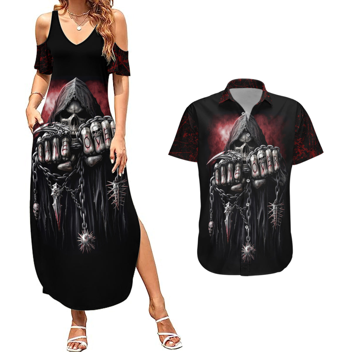 skull-couples-matching-summer-maxi-dress-and-hawaiian-shirt-death-skull-game-over