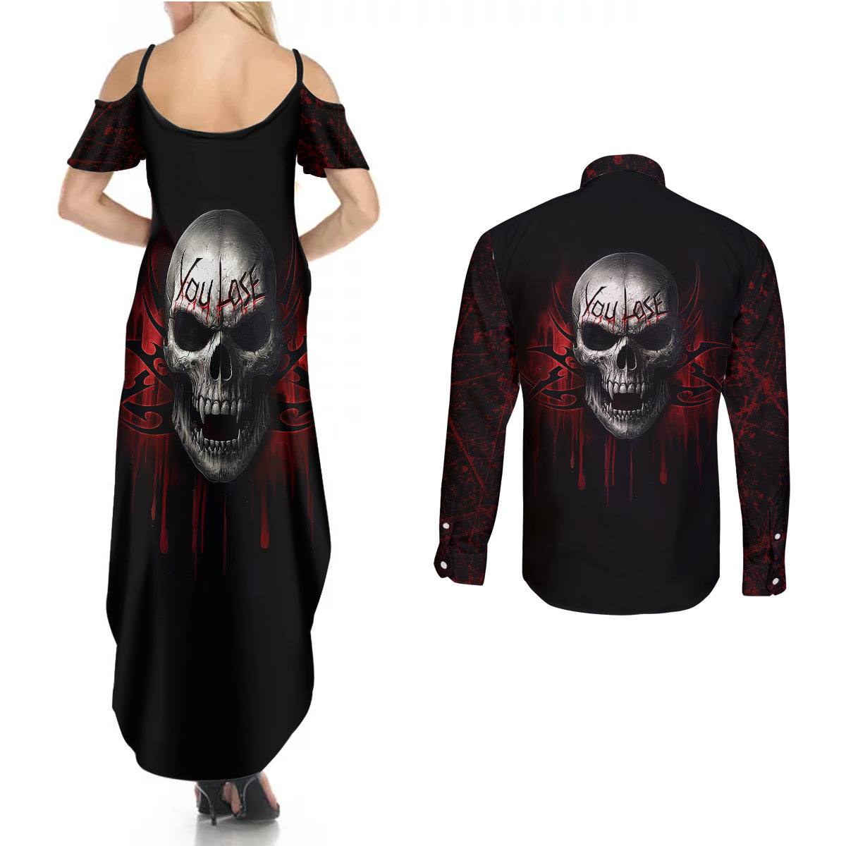 skull-couples-matching-summer-maxi-dress-and-long-sleeve-button-shirts-death-skull-game-over