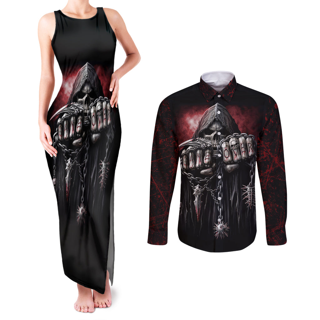 skull-couples-matching-tank-maxi-dress-and-long-sleeve-button-shirts-death-skull-game-over
