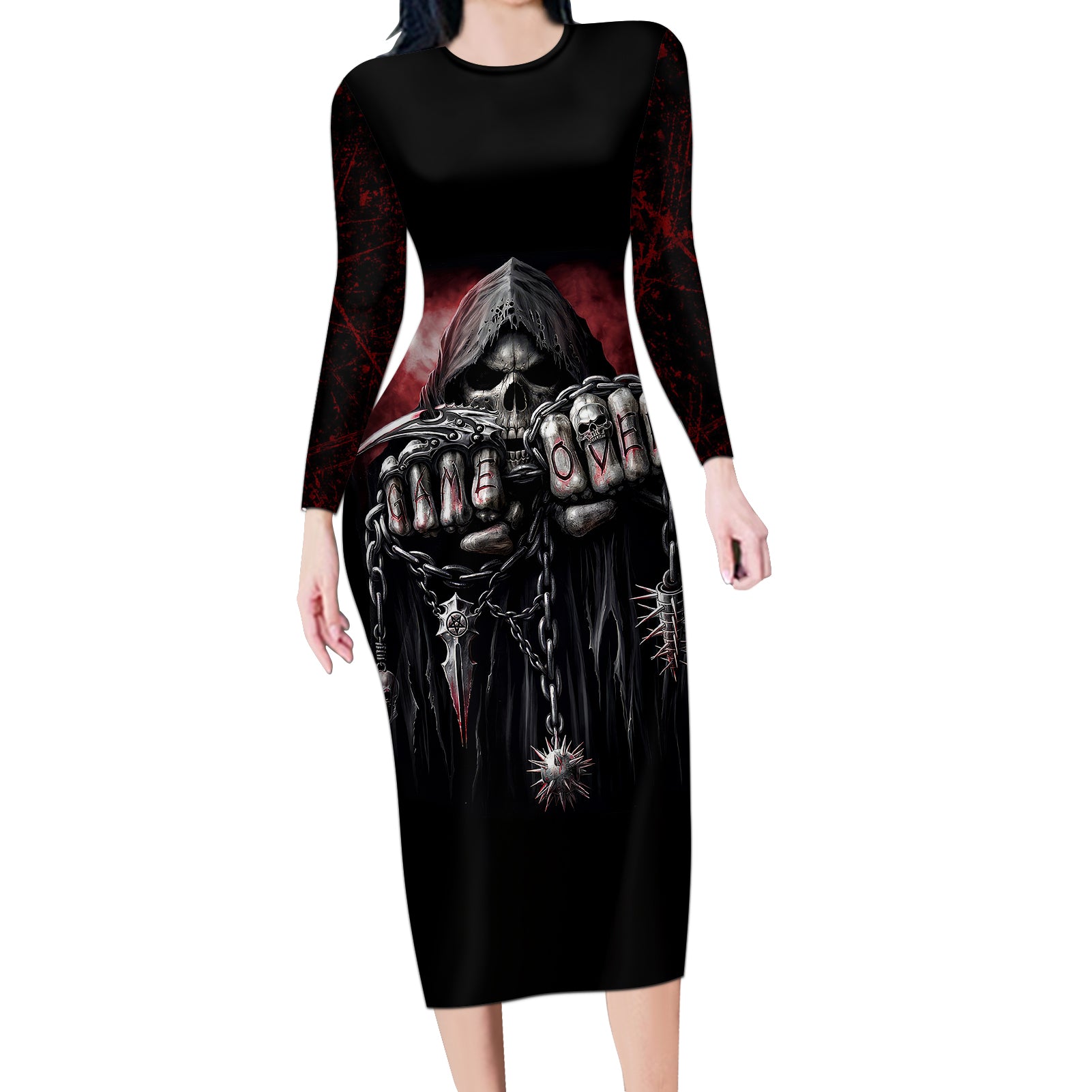 skull-long-sleeve-bodycon-dress-death-skull-game-over