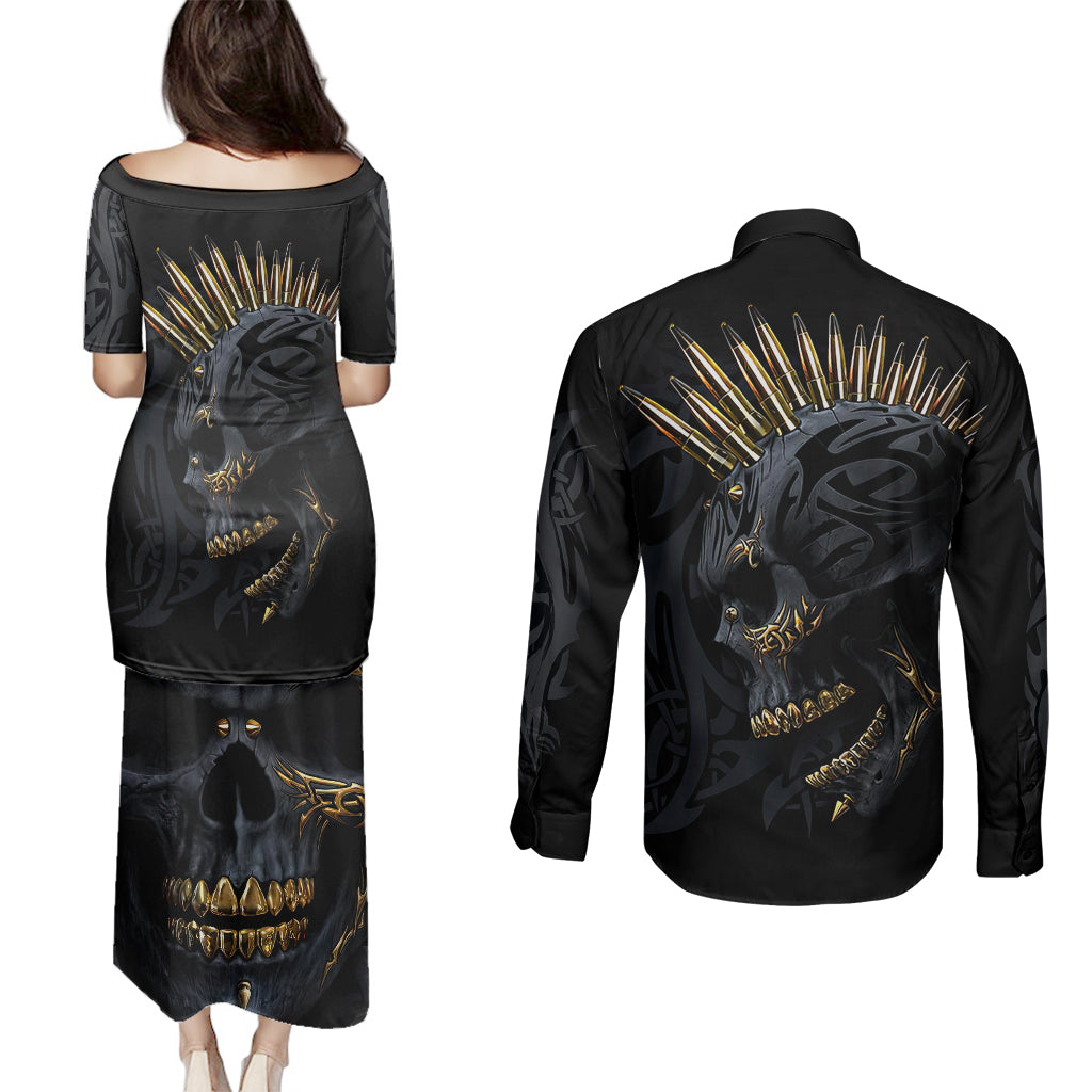 skull-couples-matching-puletasi-dress-and-long-sleeve-button-shirts-golden-skull-gangster