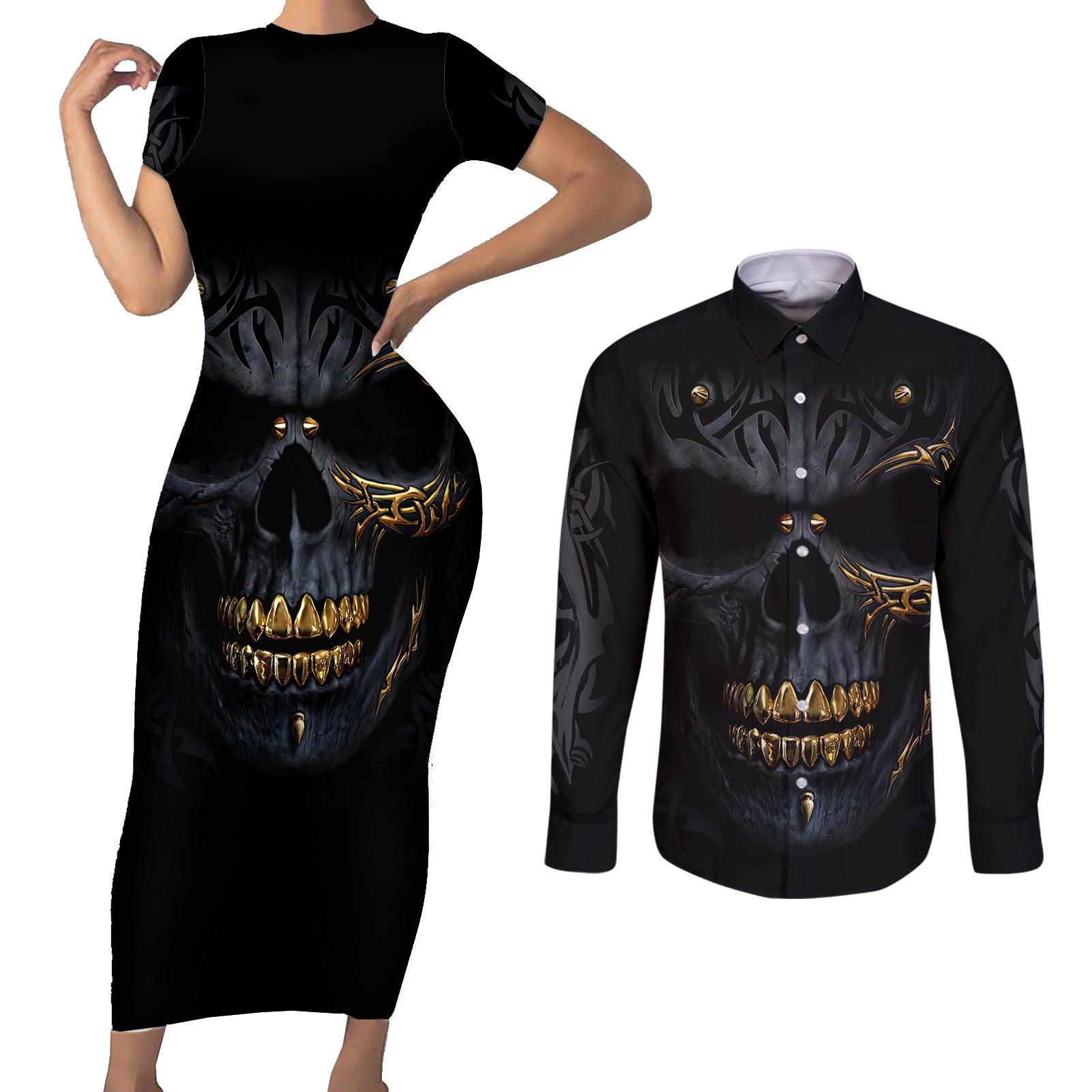 skull-couples-matching-short-sleeve-bodycon-dress-and-long-sleeve-button-shirts-golden-skull-gangster