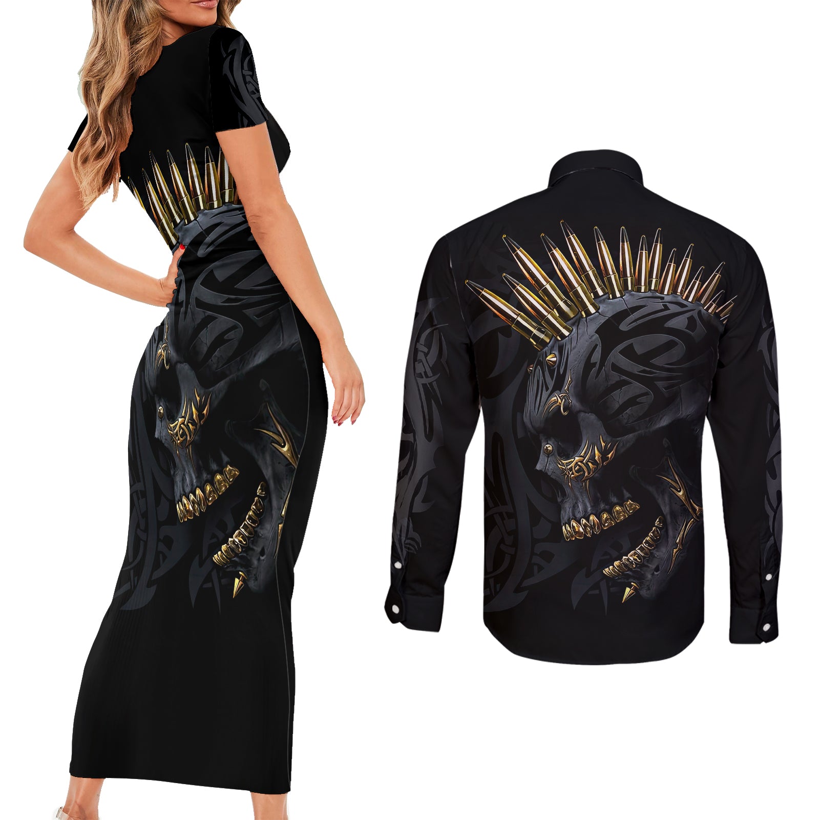 skull-couples-matching-short-sleeve-bodycon-dress-and-long-sleeve-button-shirts-golden-skull-gangster