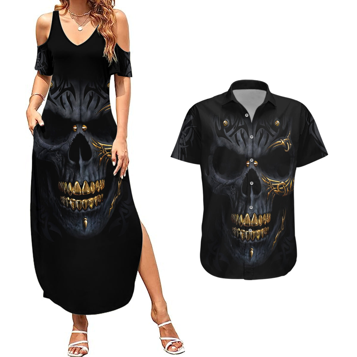 skull-couples-matching-summer-maxi-dress-and-hawaiian-shirt-golden-skull-gangster