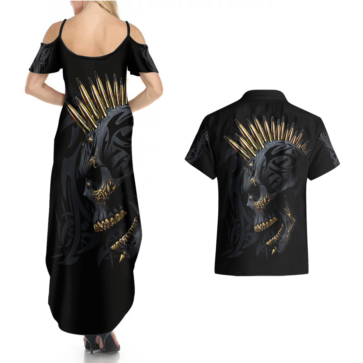 skull-couples-matching-summer-maxi-dress-and-hawaiian-shirt-golden-skull-gangster