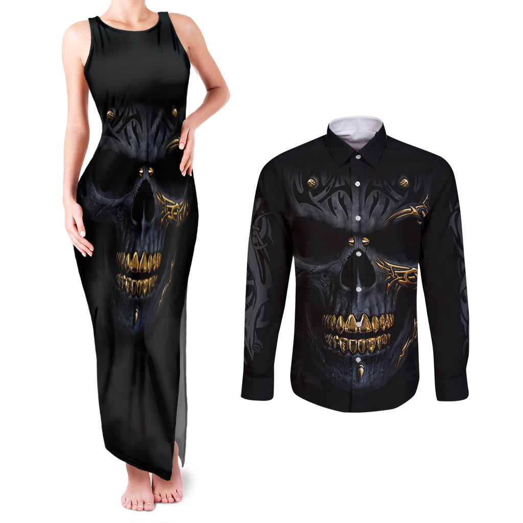 skull-couples-matching-tank-maxi-dress-and-long-sleeve-button-shirts-golden-skull-gangster