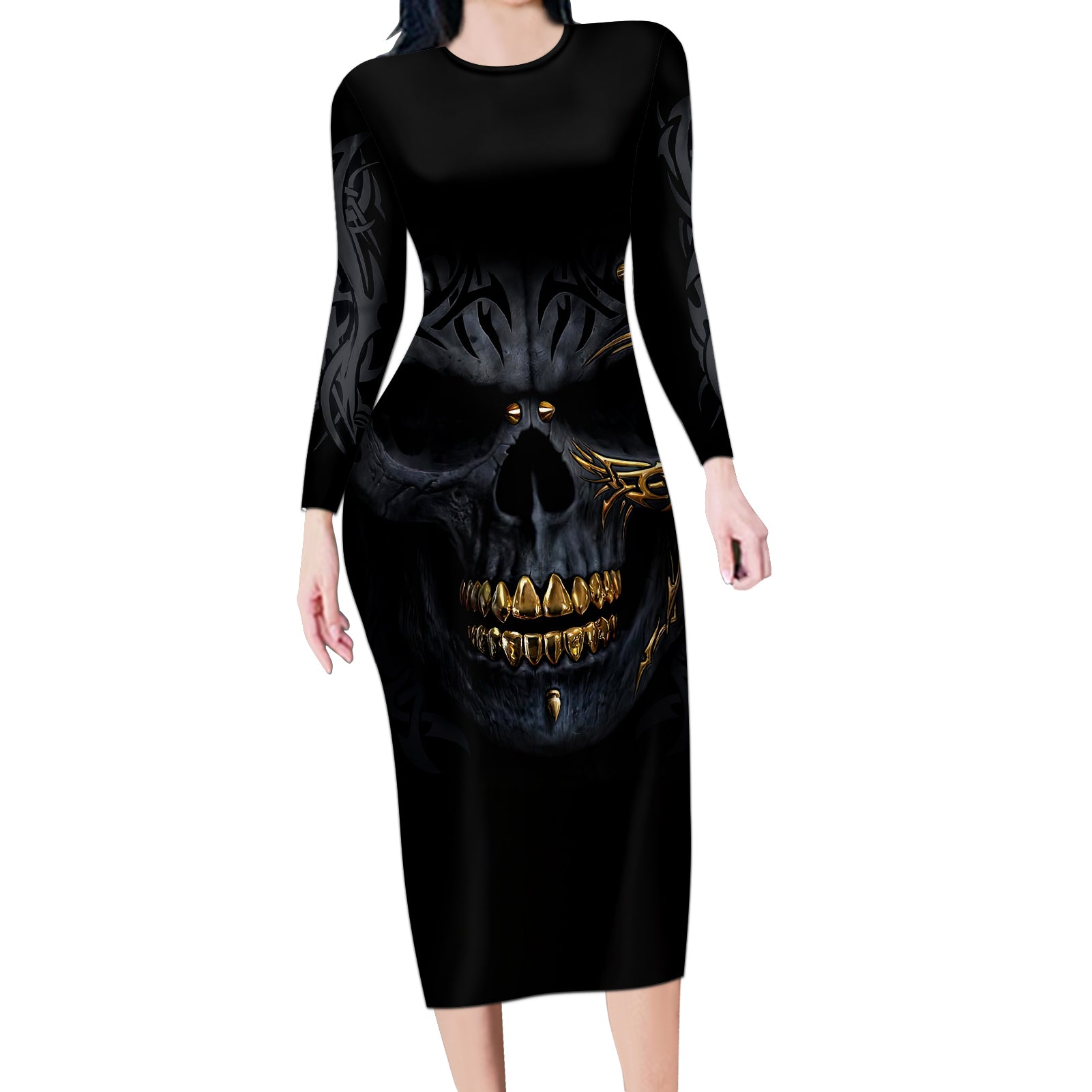 skull-long-sleeve-bodycon-dress-golden-skull-gangster