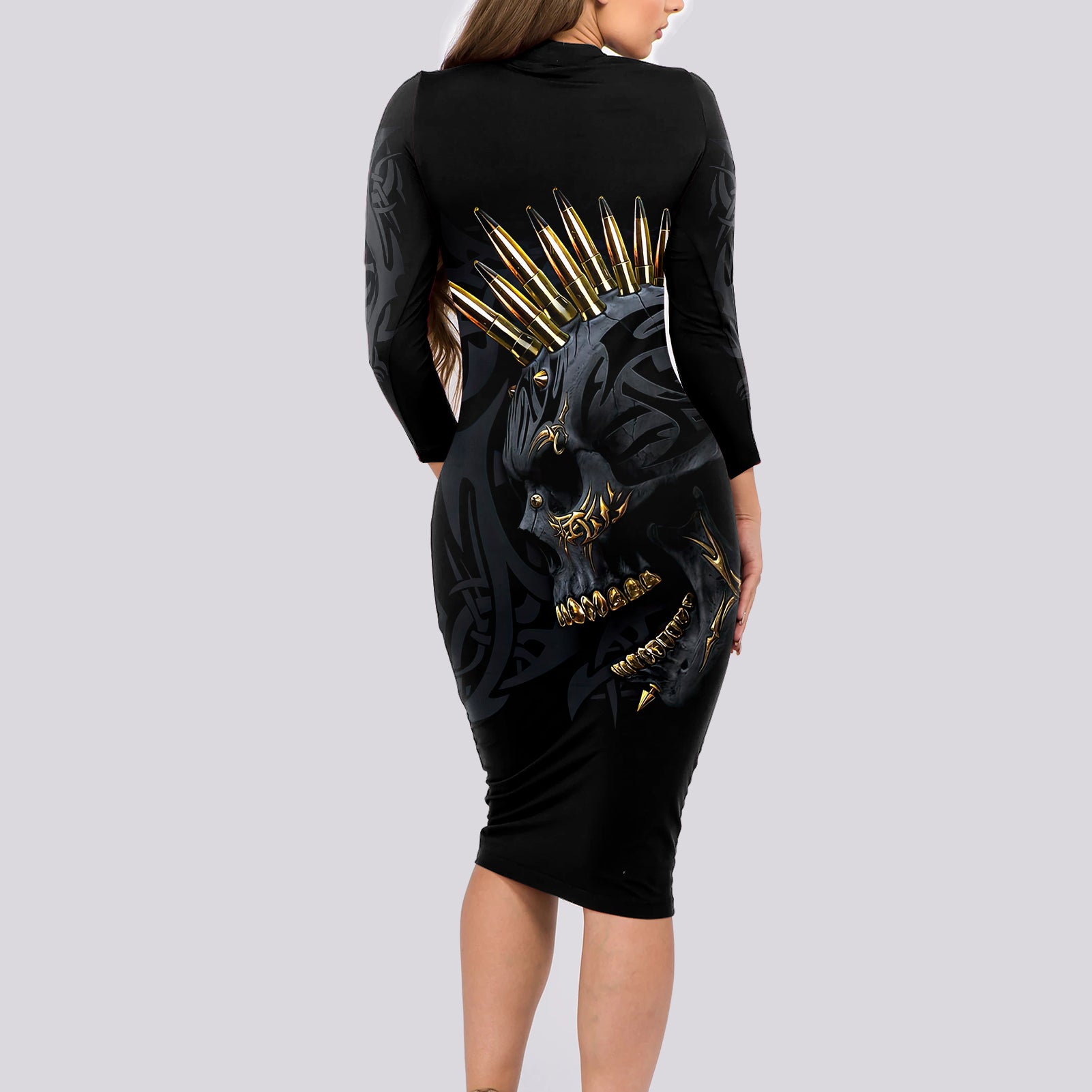 skull-long-sleeve-bodycon-dress-golden-skull-gangster