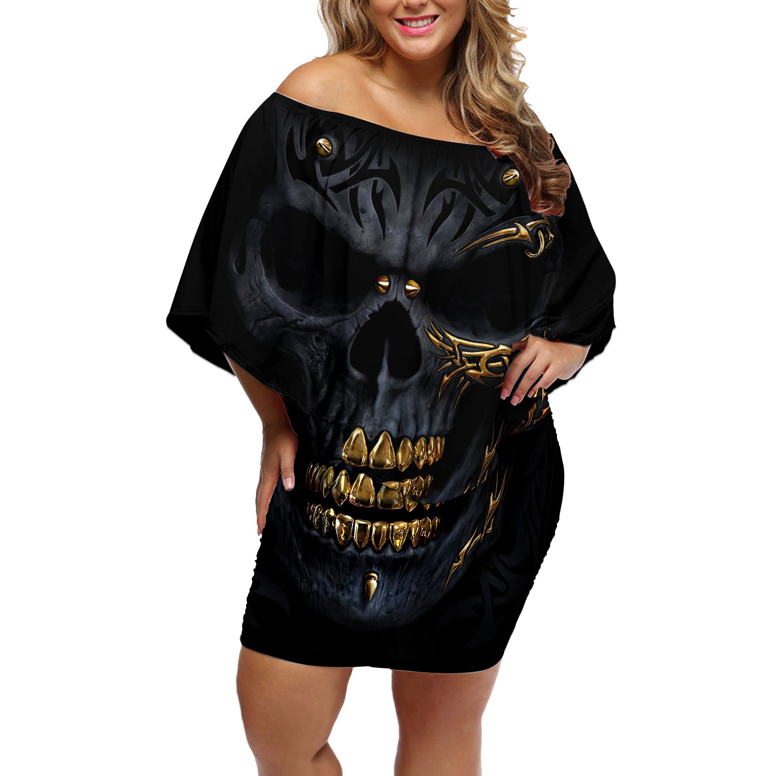 skull-off-shoulder-short-dress-golden-skull-gangster