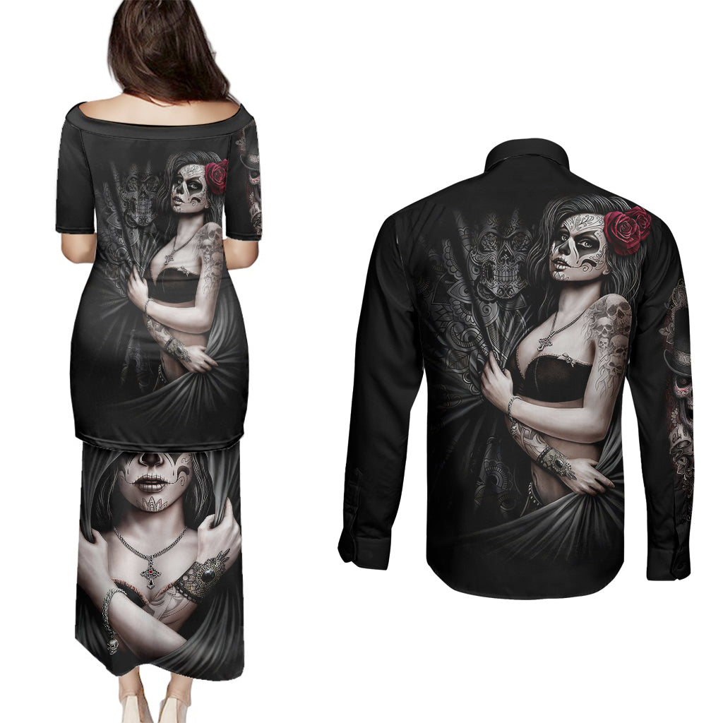 skull-couples-matching-puletasi-dress-and-long-sleeve-button-shirts-girl-day-of-the-dead