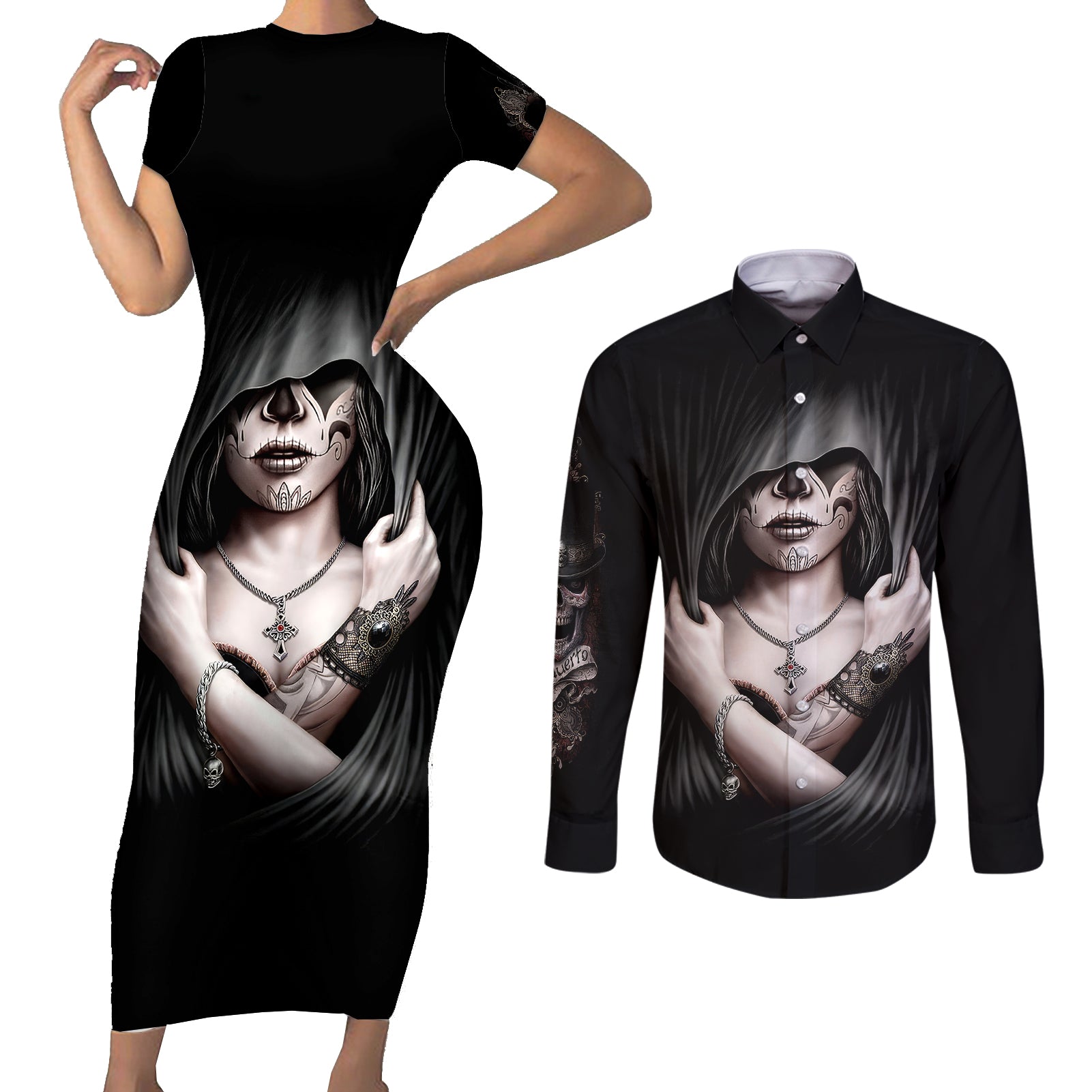 skull-couples-matching-short-sleeve-bodycon-dress-and-long-sleeve-button-shirts-girl-day-of-the-dead