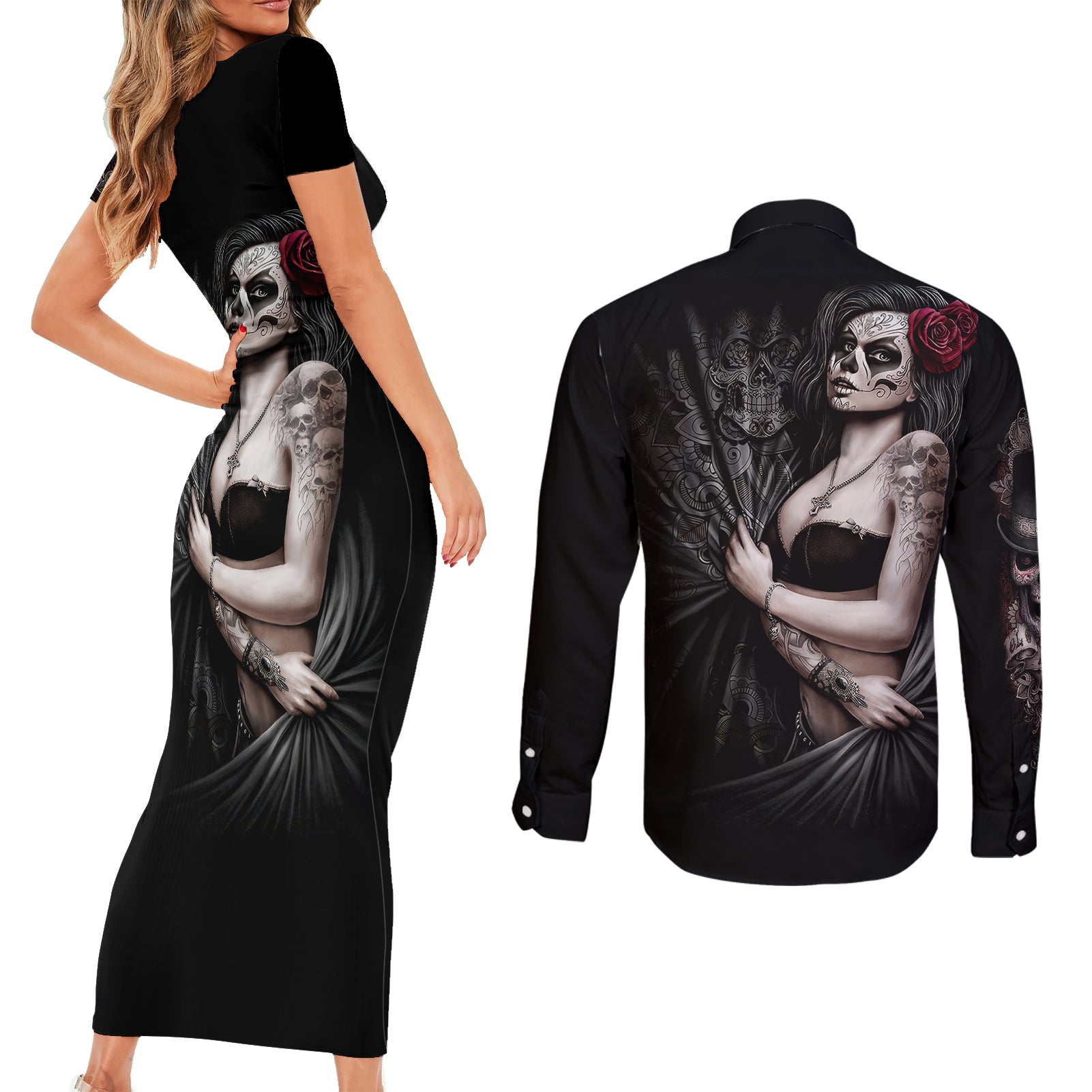 skull-couples-matching-short-sleeve-bodycon-dress-and-long-sleeve-button-shirts-girl-day-of-the-dead