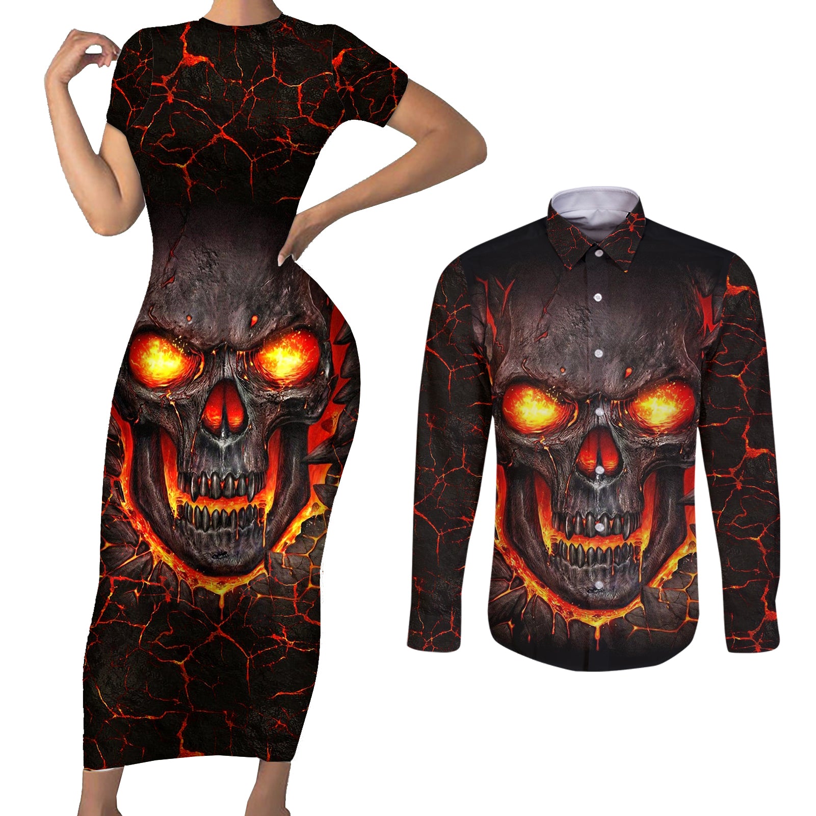skull-couples-matching-short-sleeve-bodycon-dress-and-long-sleeve-button-shirts-flame-skull-lava-inside