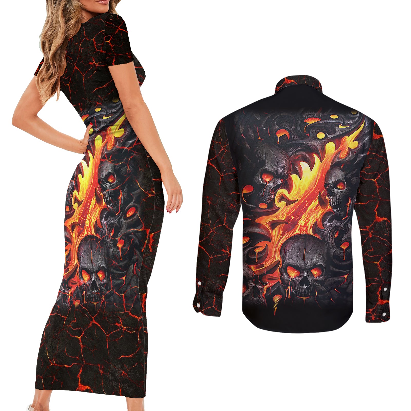 skull-couples-matching-short-sleeve-bodycon-dress-and-long-sleeve-button-shirts-flame-skull-lava-inside