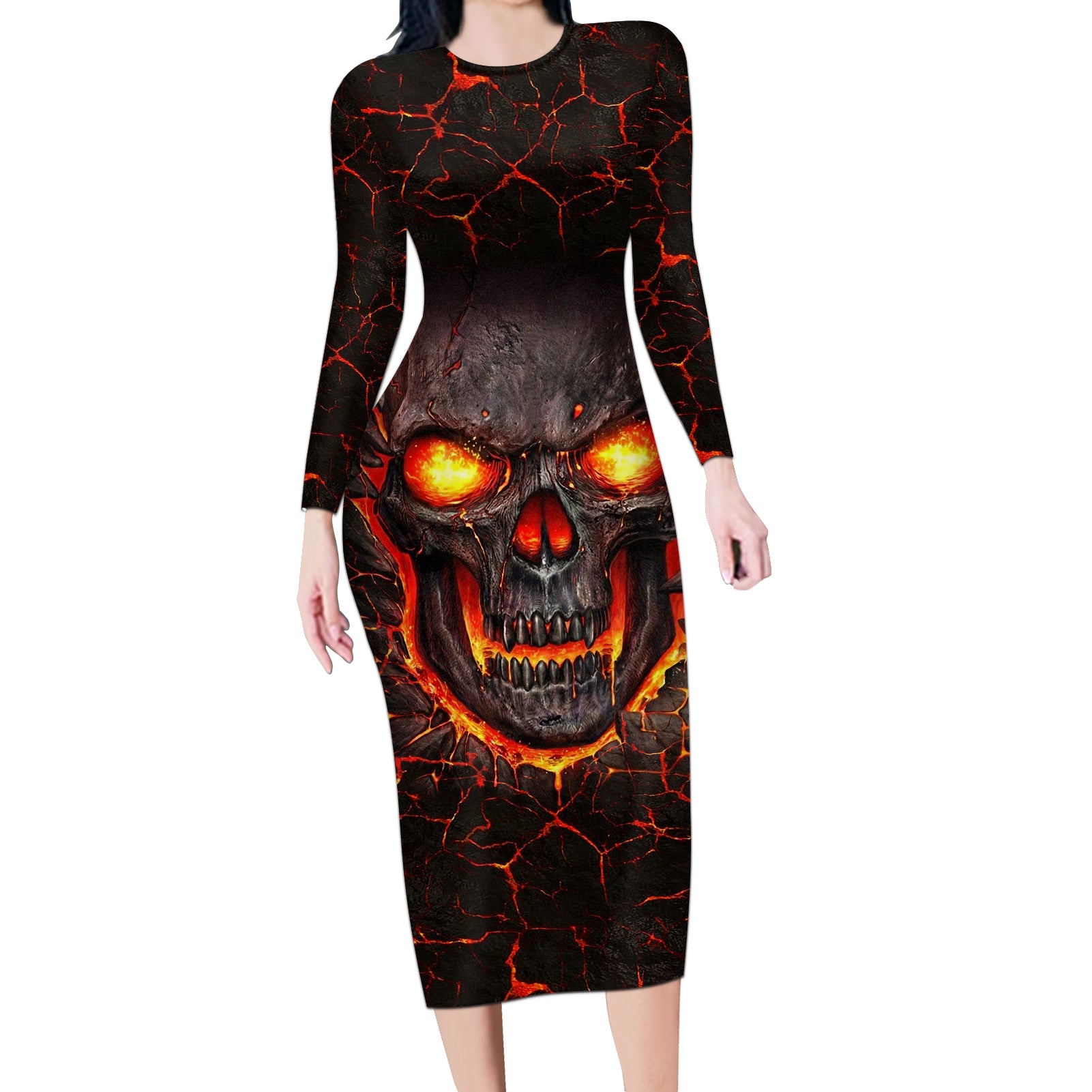 skull-long-sleeve-bodycon-dress-flame-skull-lava-inside