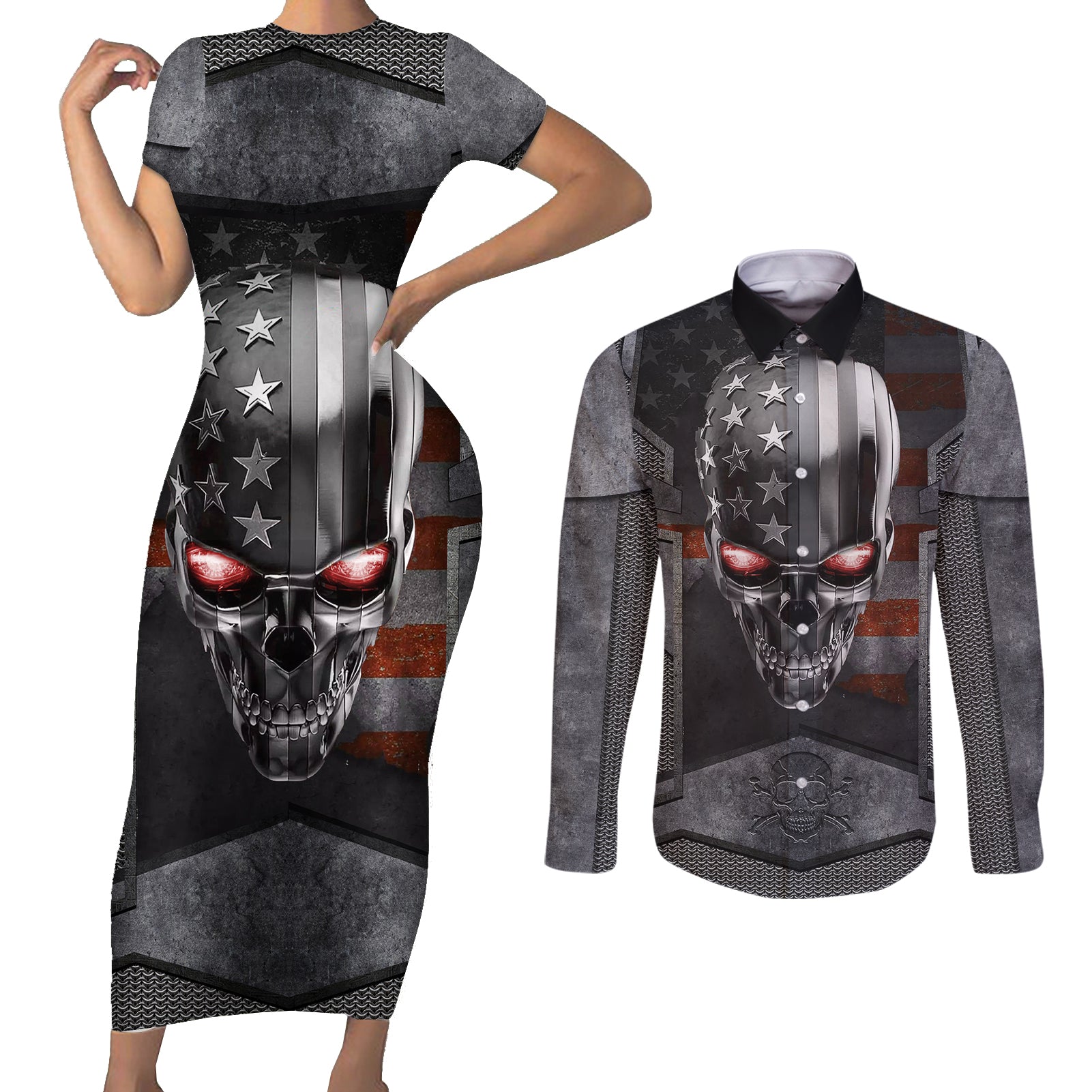 skull-couples-matching-short-sleeve-bodycon-dress-and-long-sleeve-button-shirts-metal-head-skull-american