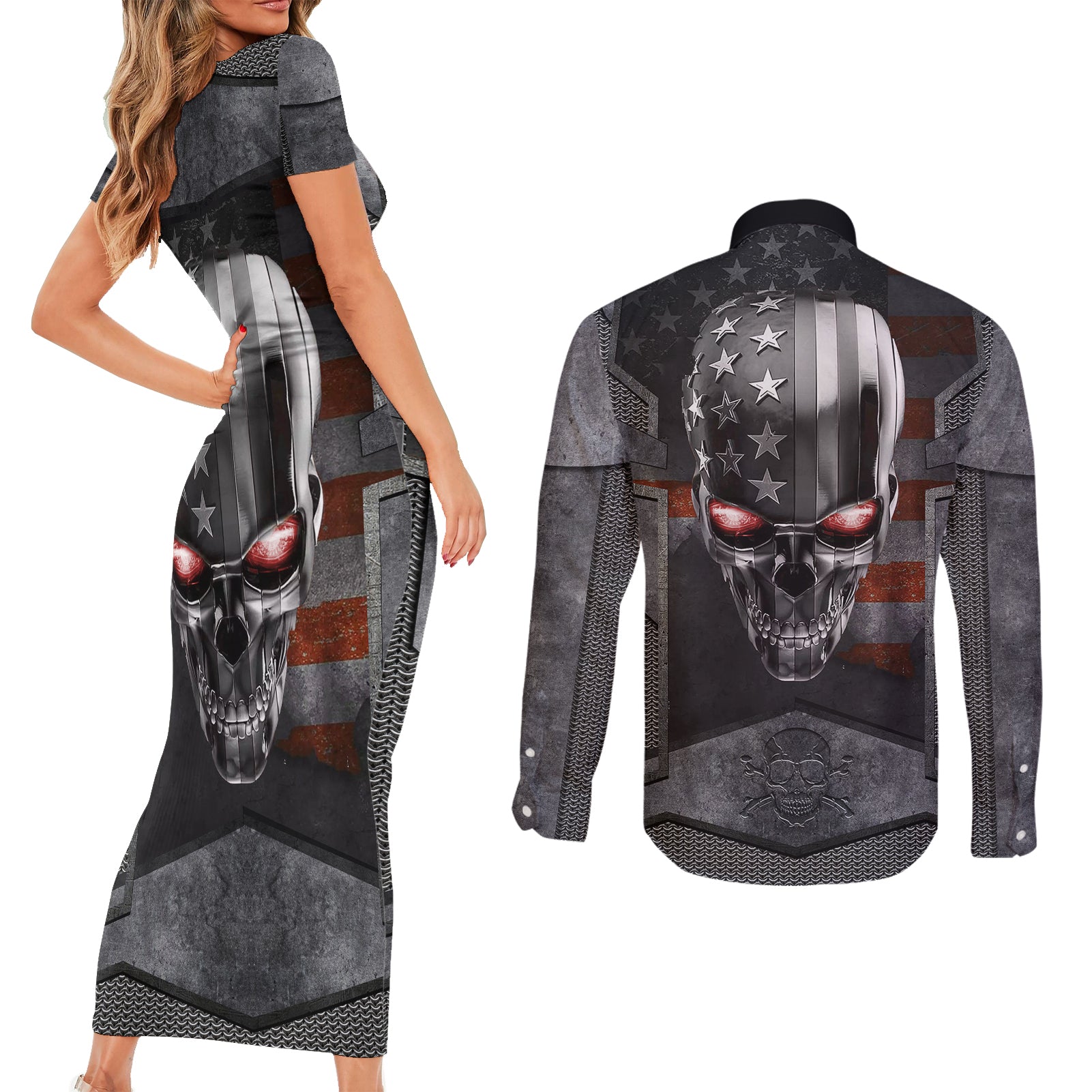 skull-couples-matching-short-sleeve-bodycon-dress-and-long-sleeve-button-shirts-metal-head-skull-american