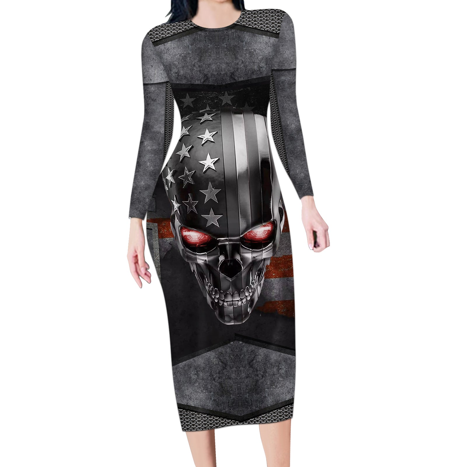 skull-long-sleeve-bodycon-dress-metal-head-skull-american