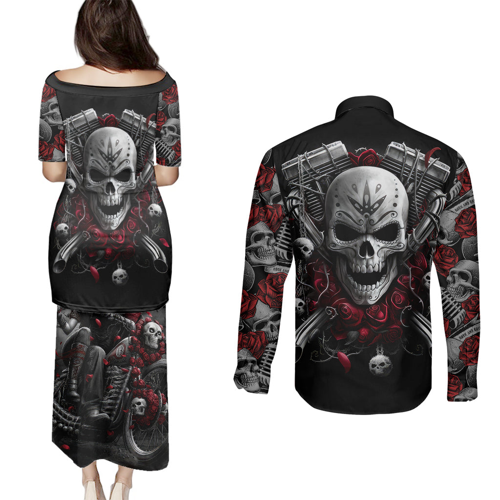 skull-couples-matching-puletasi-dress-and-long-sleeve-button-shirts-riding-motocycle-girl-rose