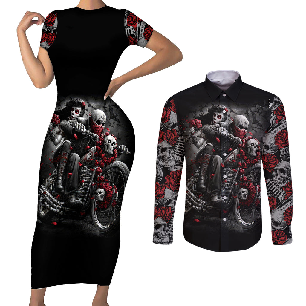 skull-couples-matching-short-sleeve-bodycon-dress-and-long-sleeve-button-shirts-riding-motocycle-girl-rose