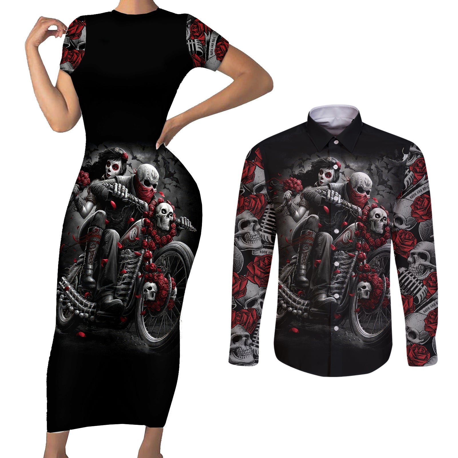 skull-couples-matching-short-sleeve-bodycon-dress-and-long-sleeve-button-shirts-riding-motocycle-girl-rose