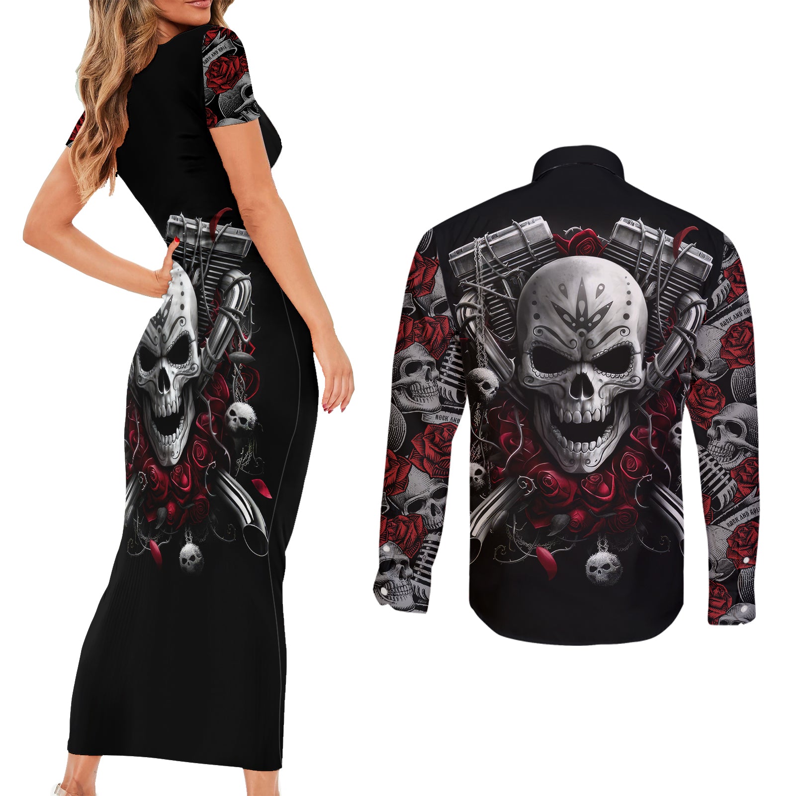 skull-couples-matching-short-sleeve-bodycon-dress-and-long-sleeve-button-shirts-riding-motocycle-girl-rose