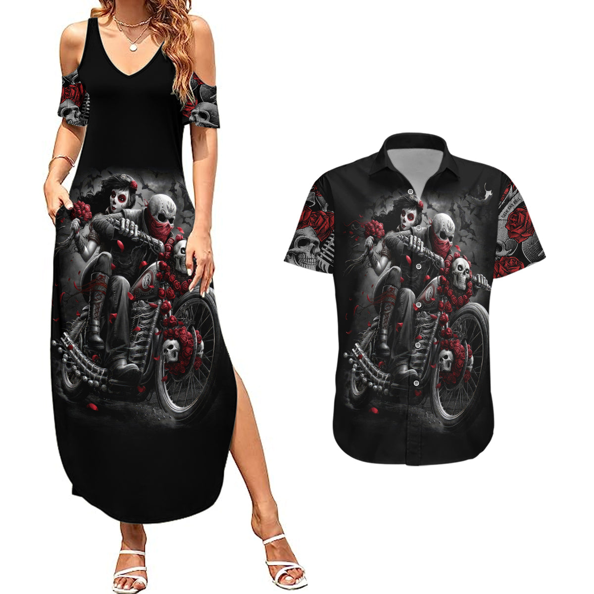 skull-couples-matching-summer-maxi-dress-and-hawaiian-shirt-riding-motocycle-girl-rose