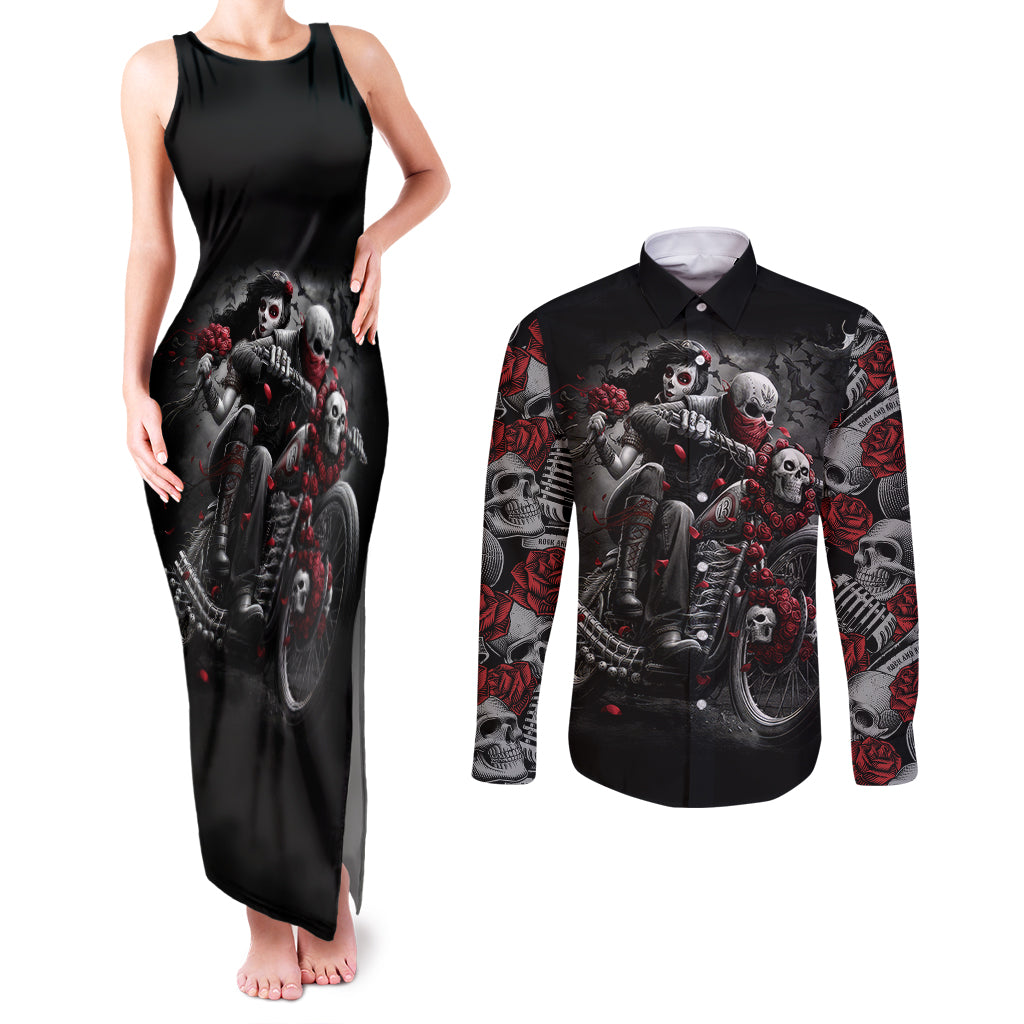 skull-couples-matching-tank-maxi-dress-and-long-sleeve-button-shirts-riding-motocycle-girl-rose