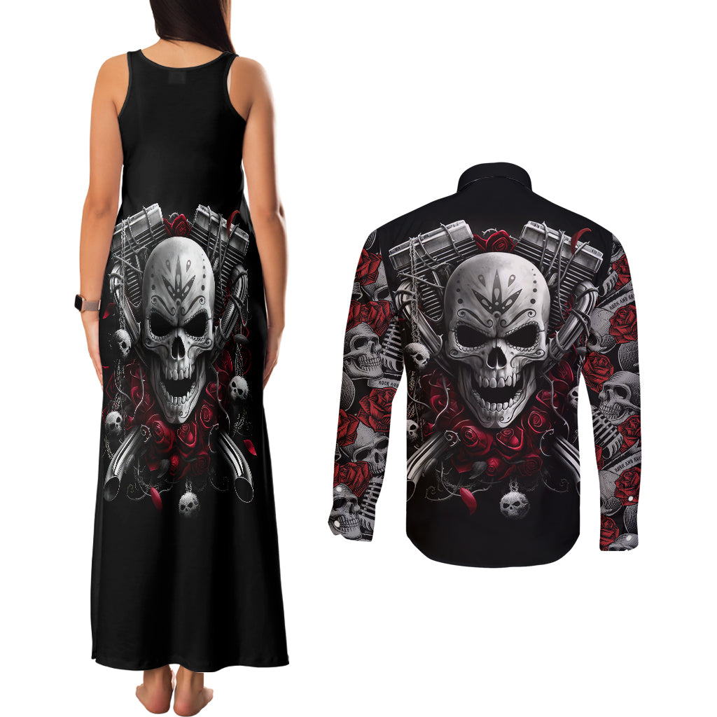 skull-couples-matching-tank-maxi-dress-and-long-sleeve-button-shirts-riding-motocycle-girl-rose