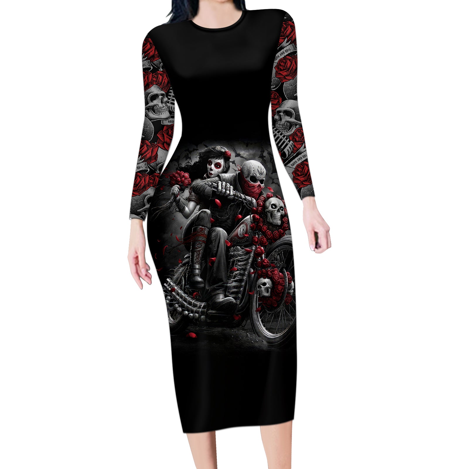 skull-long-sleeve-bodycon-dress-riding-motocycle-girl-rose