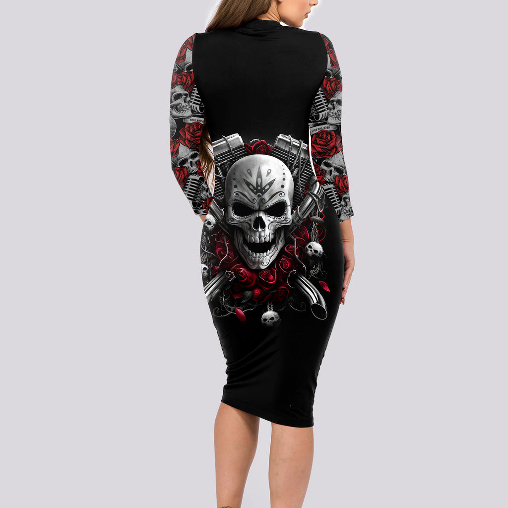 skull-long-sleeve-bodycon-dress-riding-motocycle-girl-rose