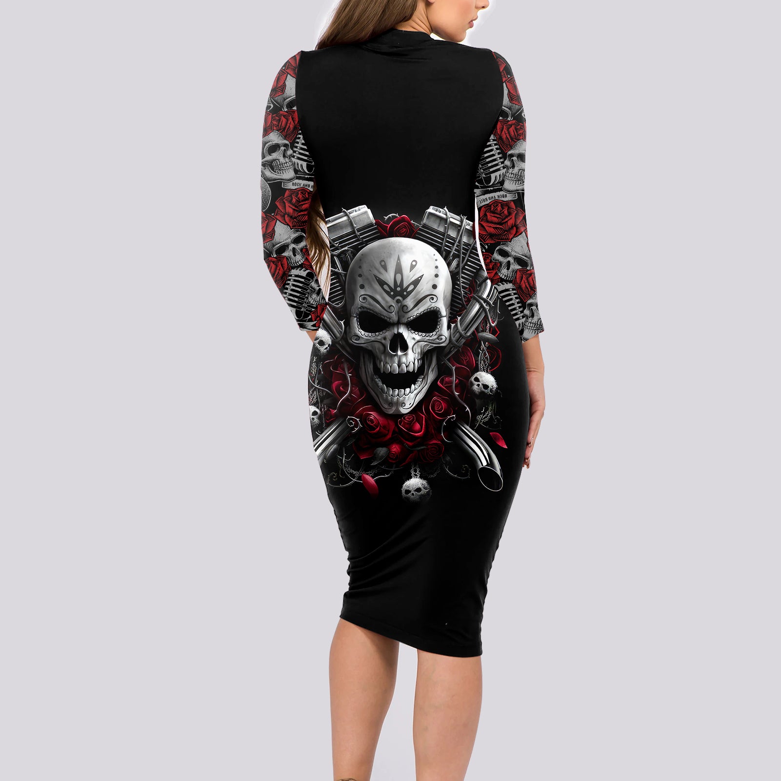 skull-long-sleeve-bodycon-dress-riding-motocycle-girl-rose