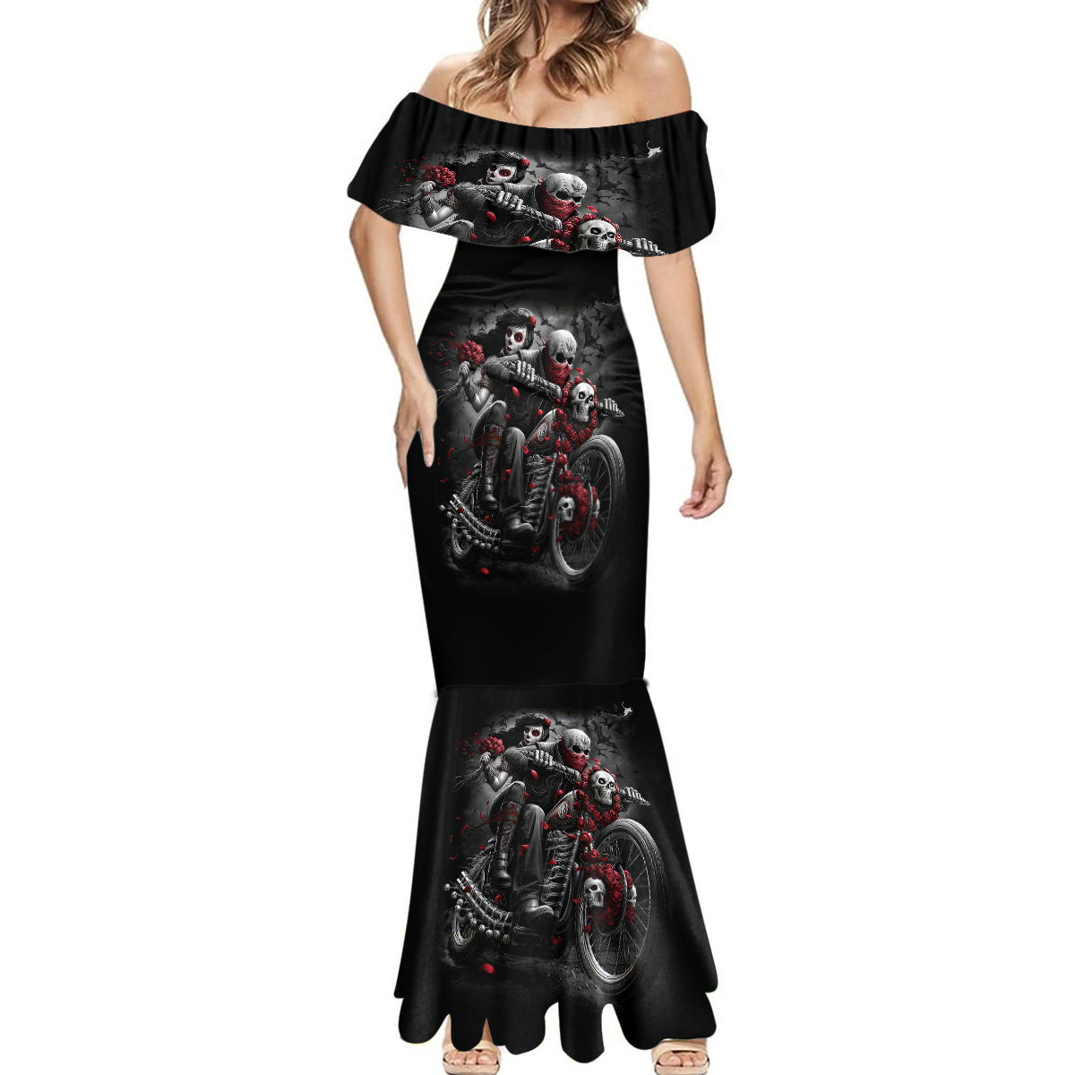 skull-mermaid-dress-riding-motocycle-girl-rose