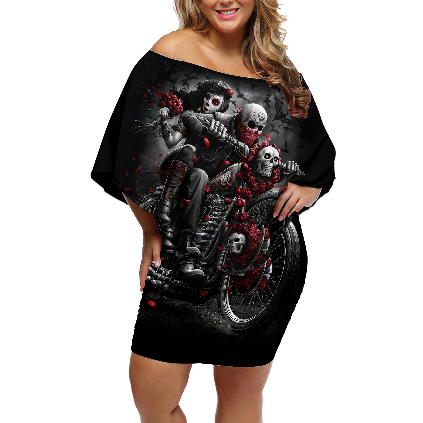 skull-off-shoulder-short-dress-riding-motocycle-girl-rose