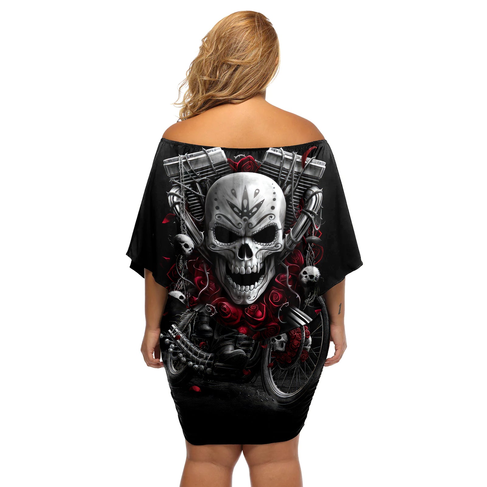 skull-off-shoulder-short-dress-riding-motocycle-girl-rose