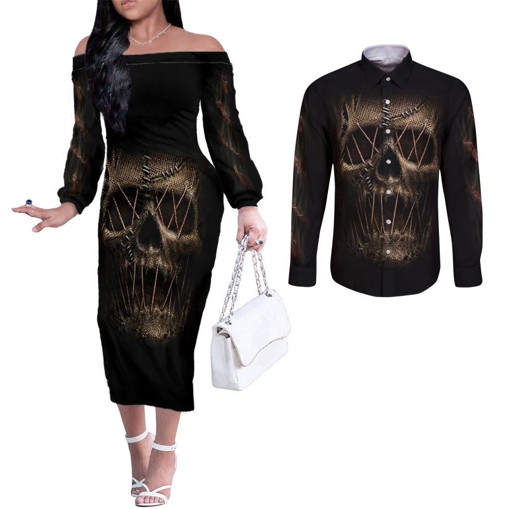skull-couples-matching-off-the-shoulder-long-sleeve-dress-and-long-sleeve-button-shirts-mummy-face-inside