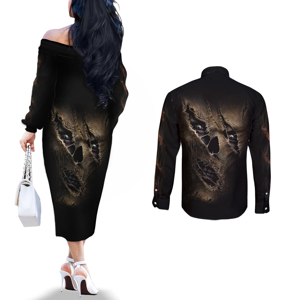 skull-couples-matching-off-the-shoulder-long-sleeve-dress-and-long-sleeve-button-shirts-mummy-face-inside