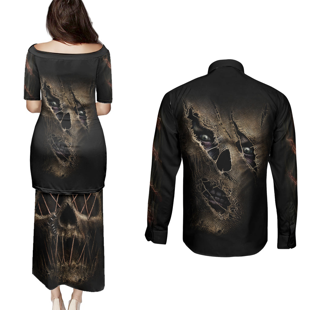 skull-couples-matching-puletasi-dress-and-long-sleeve-button-shirts-mummy-face-inside