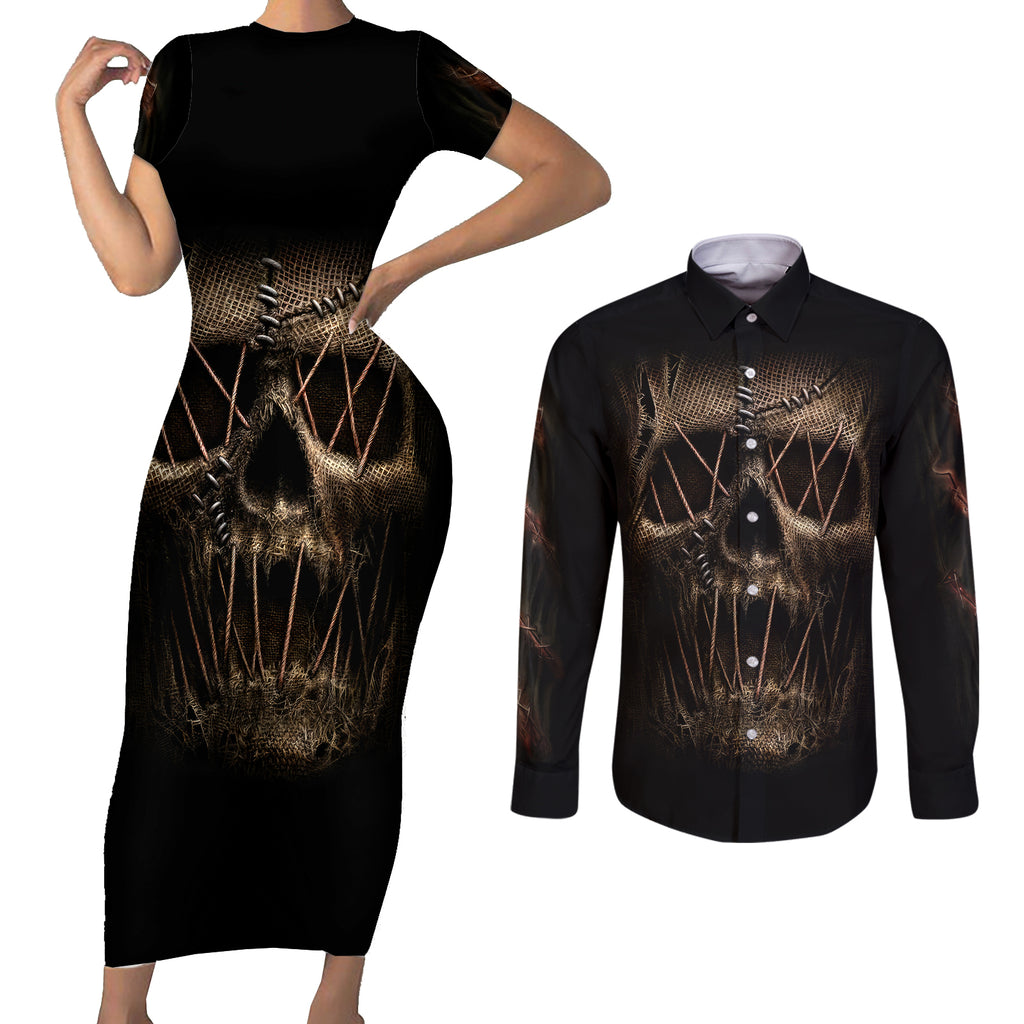 skull-couples-matching-short-sleeve-bodycon-dress-and-long-sleeve-button-shirts-mummy-face-inside
