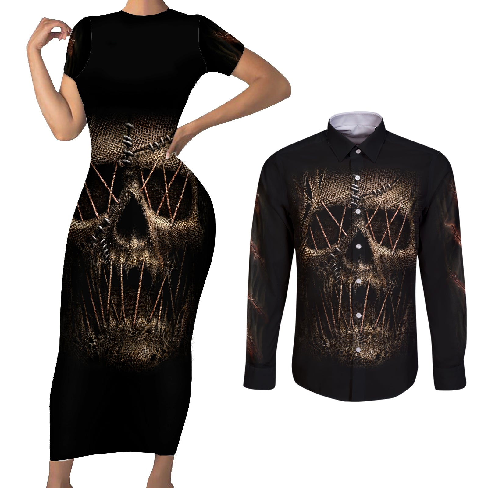 skull-couples-matching-short-sleeve-bodycon-dress-and-long-sleeve-button-shirts-mummy-face-inside
