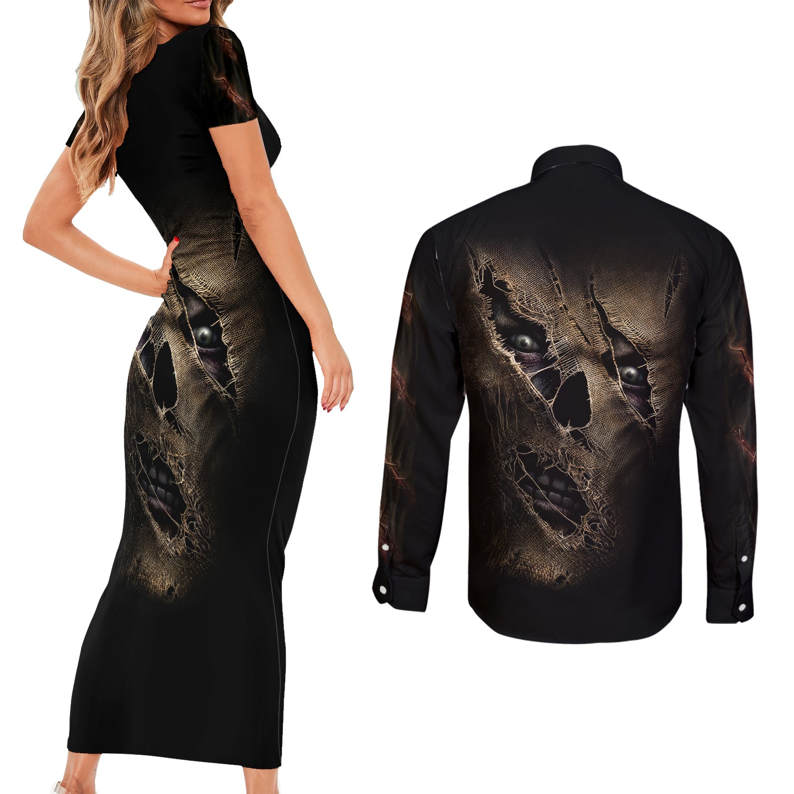 skull-couples-matching-short-sleeve-bodycon-dress-and-long-sleeve-button-shirts-mummy-face-inside