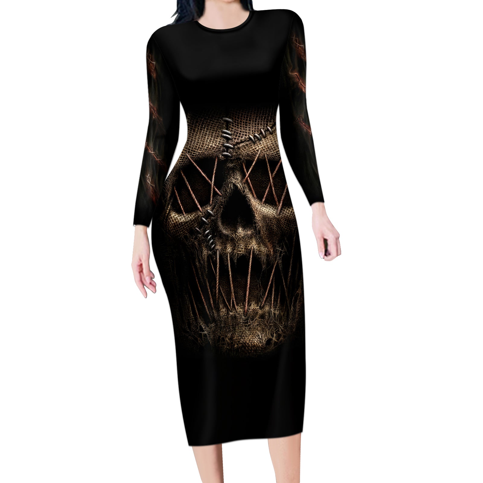skull-long-sleeve-bodycon-dress-mummy-face-inside