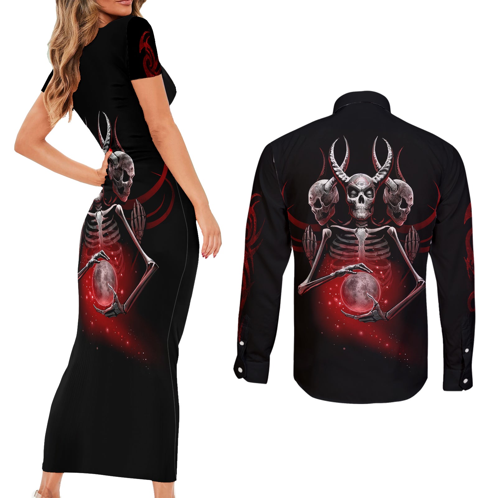 skull-couples-matching-short-sleeve-bodycon-dress-and-long-sleeve-button-shirts-prayer-skull