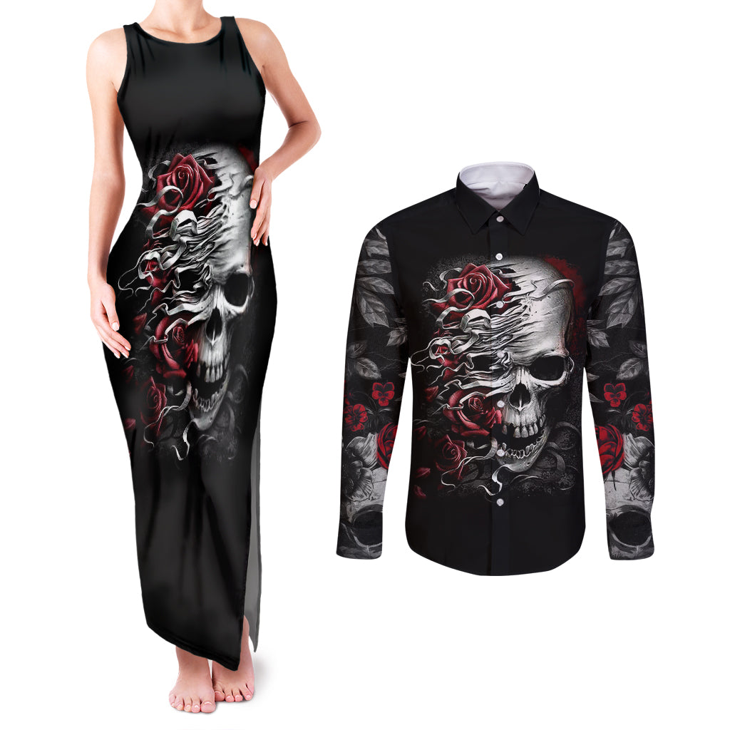 skull-couples-matching-tank-maxi-dress-and-long-sleeve-button-shirts-three-skull-no-see-evil-rose