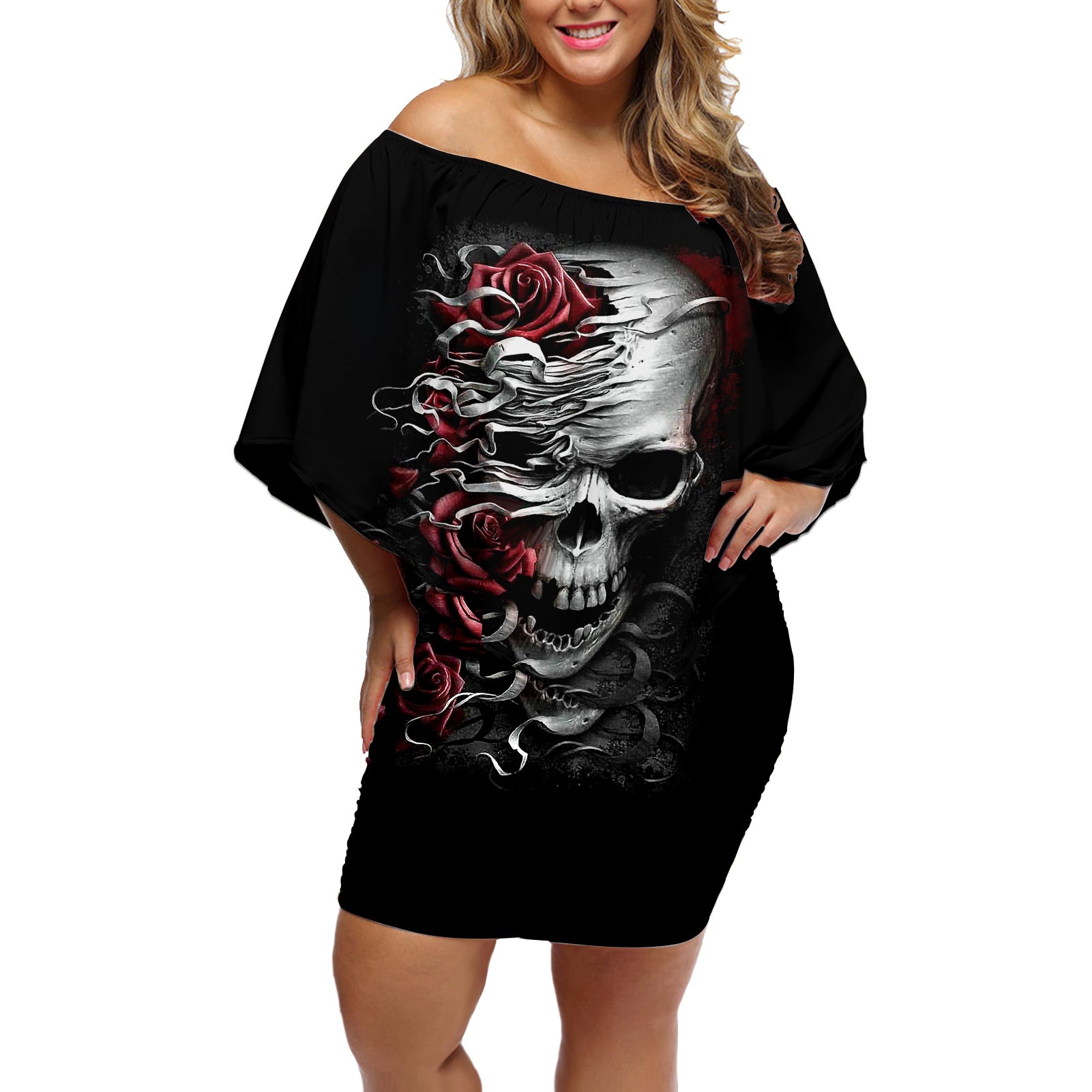 skull-off-shoulder-short-dress-three-skull-no-see-evil-rose